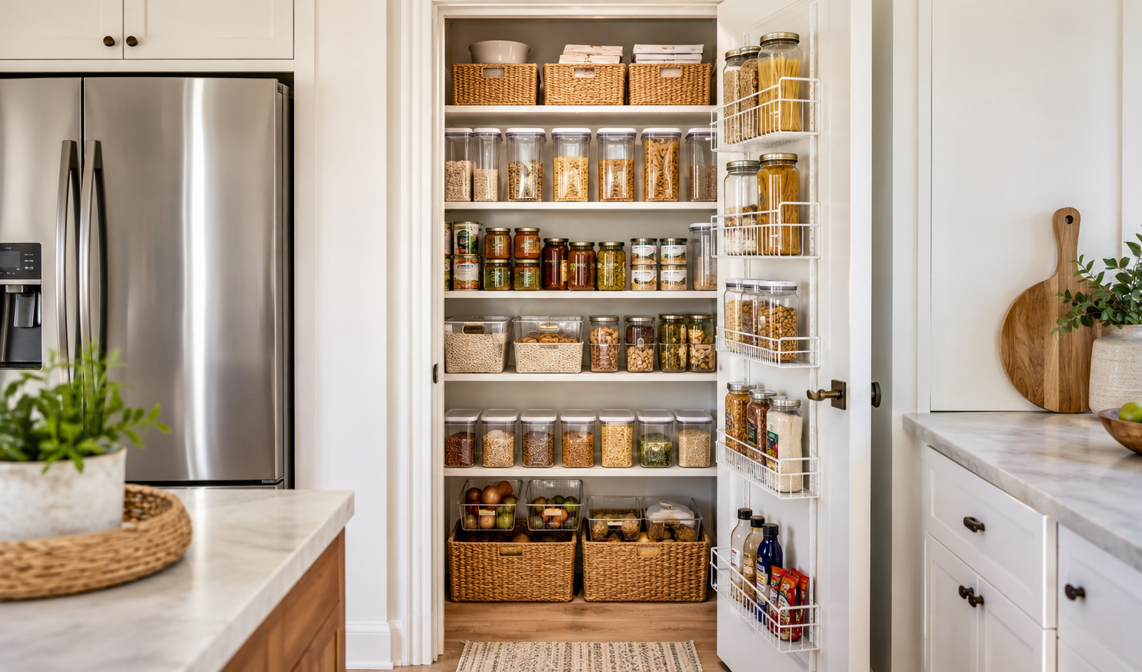 organized small pantry with shelves bins and food storage