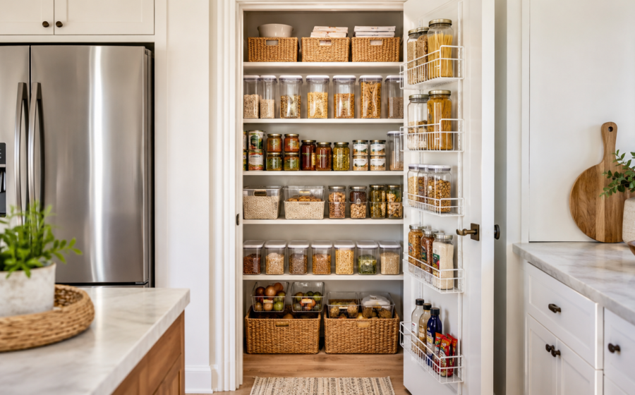 organized small pantry with shelves bins and food storage