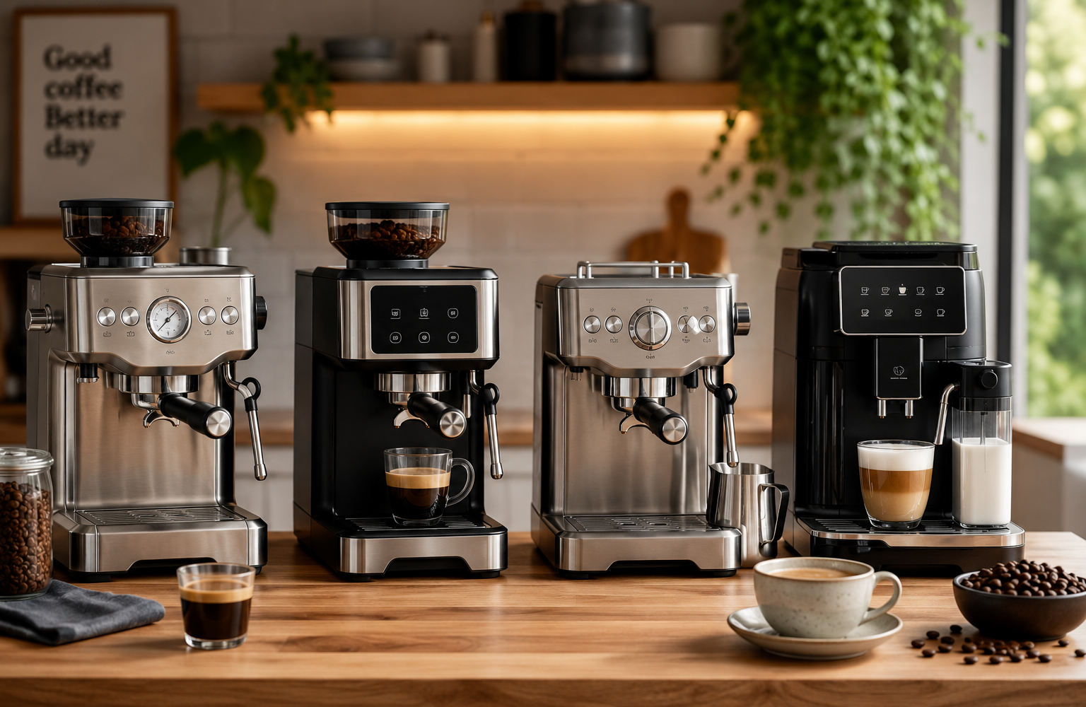 Home espresso machines on a kitchen counter