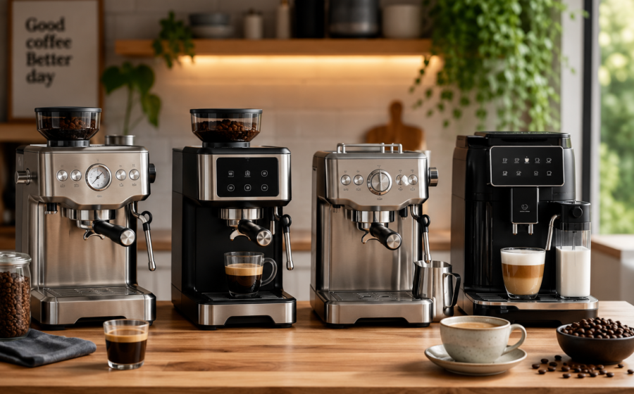 Home espresso machines on a kitchen counter